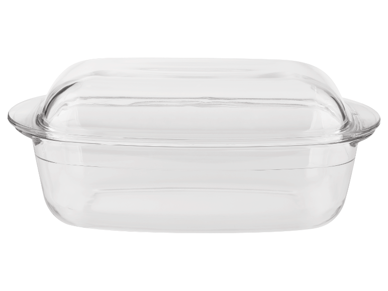 Een transparante glazen container met deksel.