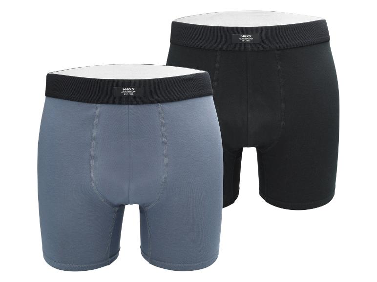 Twee Mexx boxershorts, één grijsblauw en één zwart, met elastische tailleband.