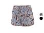 Dames shorts met blauw en bruin paisley-patroon, met kwastjesrand.