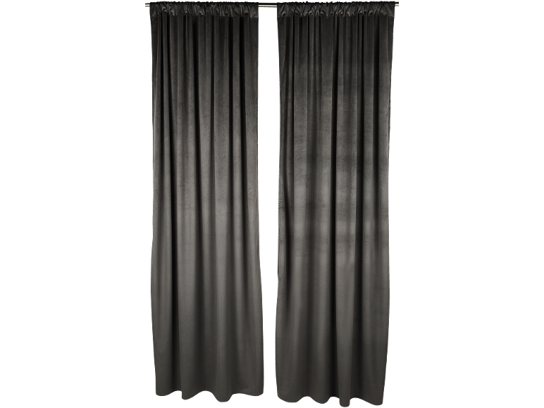 Twee donkergrijze fluwelen gordijnen hangen aan een zilveren gordijnroede.