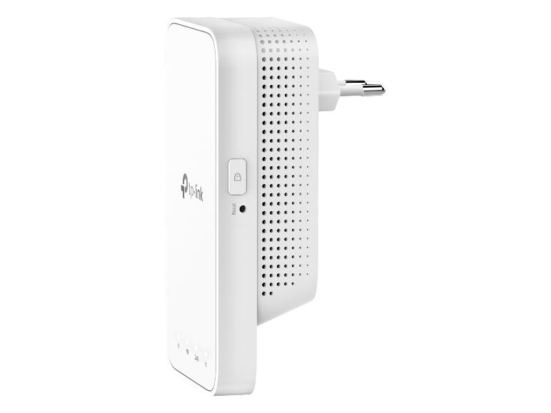 Witte Wi-Fi-bereikverlenger met tweepolige stekker, resetknop en indicatielampjes.