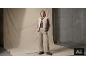 Vrouw in een teddy bodywarmer, bruine top en beige broek.