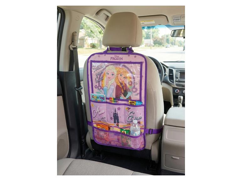 Disney Frozen autostoel organizer met zakken en Anna en Elsa figuren.