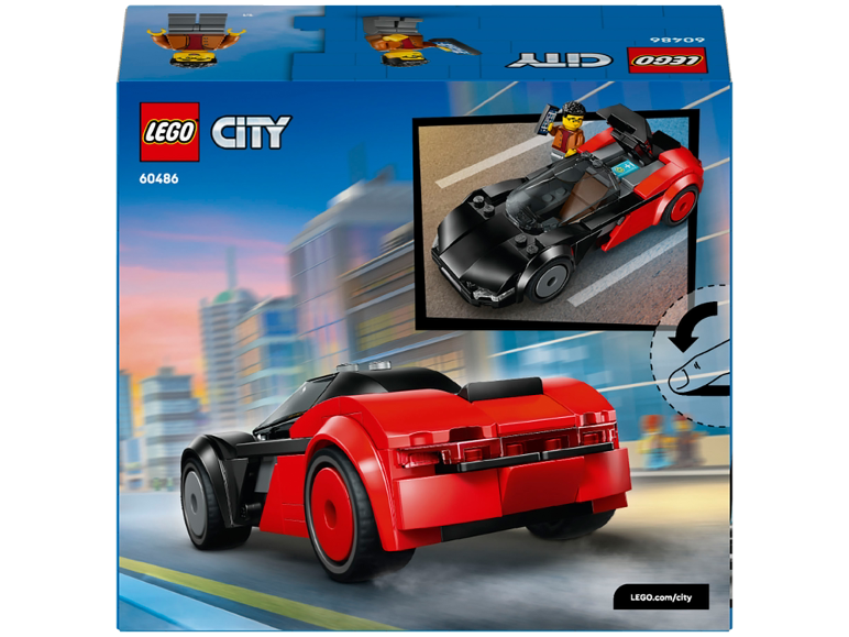 Speelgoed sportwagen met minifiguur, set 60486, tegen een stadsachtergrond.