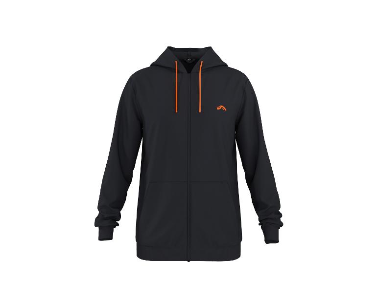 Zwarte hoodie met rits, oranje trekkoorden en een klein oranje logo op de borst.