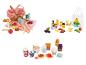Speelgoedvoedselsets: picknickmand met eten, boodschappentas met items en ontbijt.