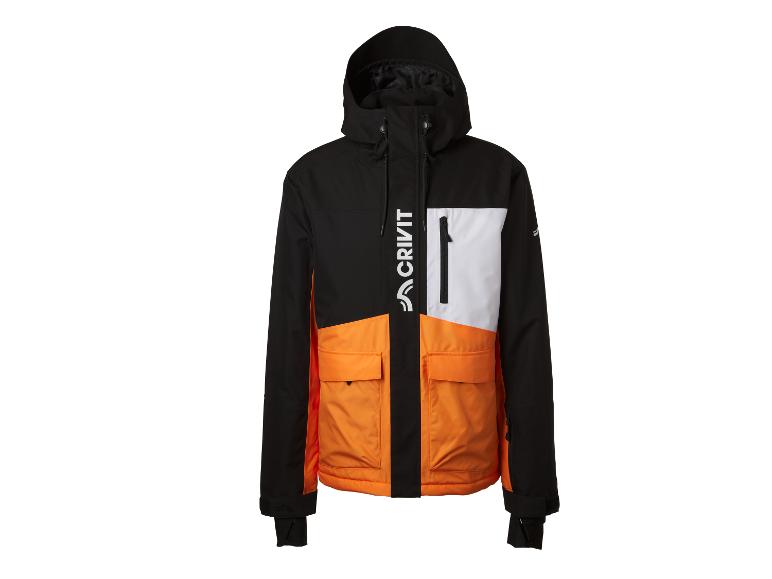 Zwart, oranje en wit ski-jack voor heren met capuchon en zakken.