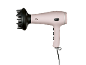 Roze föhn met een zwart diffuseropzetstuk en een netsnoer.