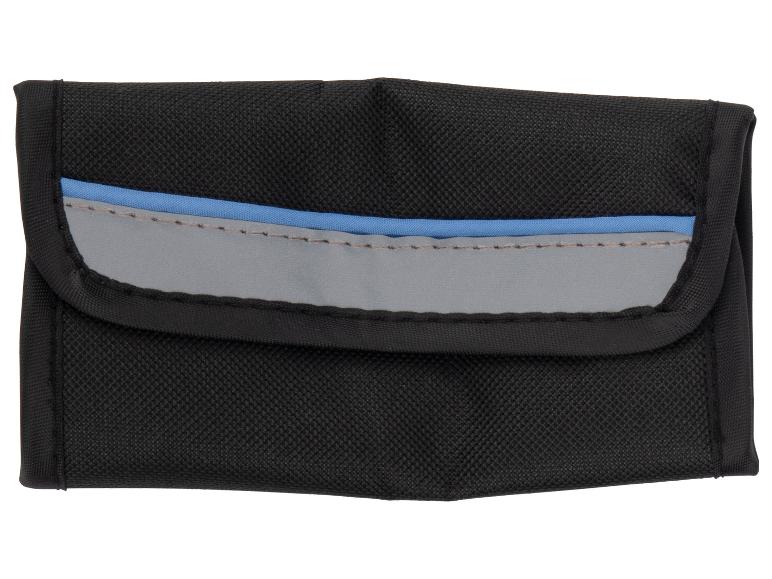 Zwart gereedschapstasje met blauwe en grijze streep.