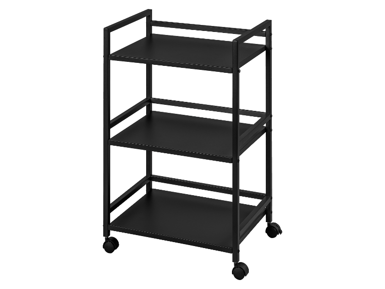 Zwarte metalen trolley met drie planken en wielen.