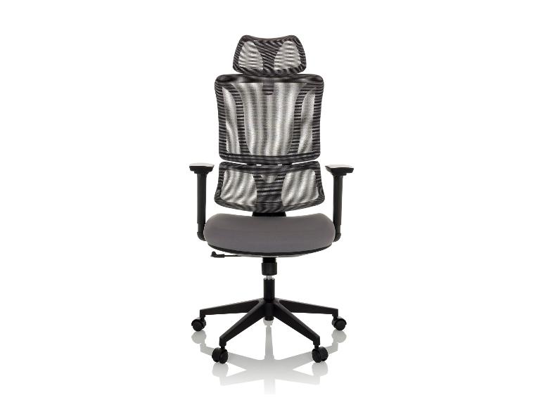 Grijze bureaustoel met mesh rugleuning en hoofdsteun op een witte achtergrond.