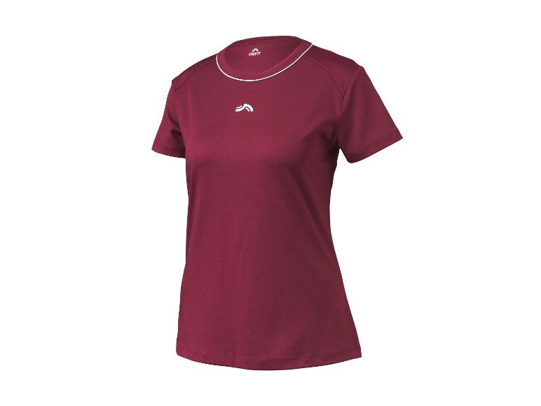 Bordeauxrood sport-T-shirt met korte mouwen en witte bies langs de halslijn.