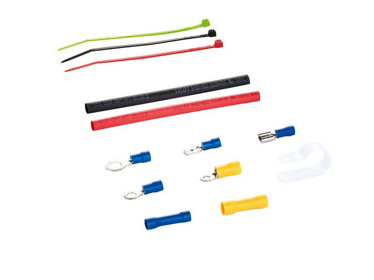 Zwarte en rode heat shrink buizen, kabelbinders, ringklemmen en kabelbevestiging.