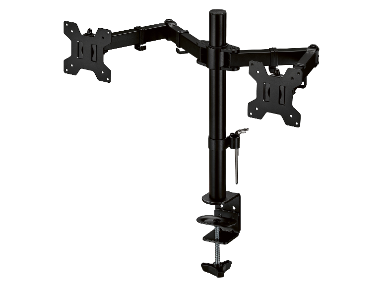 Zwarte dubbele monitorarm voor bureau.