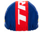 Een blauwe fietsmuts met een rode en witte streep en 'TR' erop.