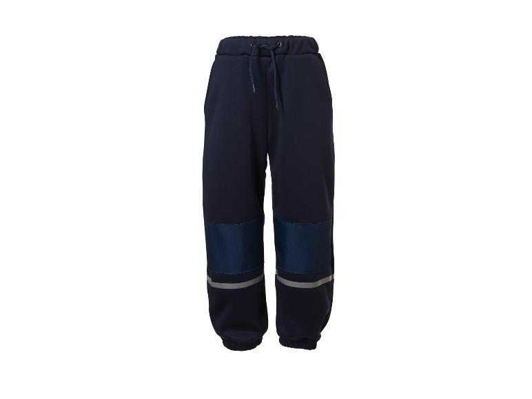 Donkerblauwe kinder joggingbroek met reflecterende strepen en kniestukken.