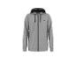 Grijze hoodie met rits en zwart logo op de borst.