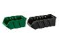 Twee plastic opbergbakken, één groen en één zwart, voor het organiseren van kleine spullen.