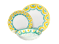Servies set met gele en turquoise patronen: twee borden en een kom.