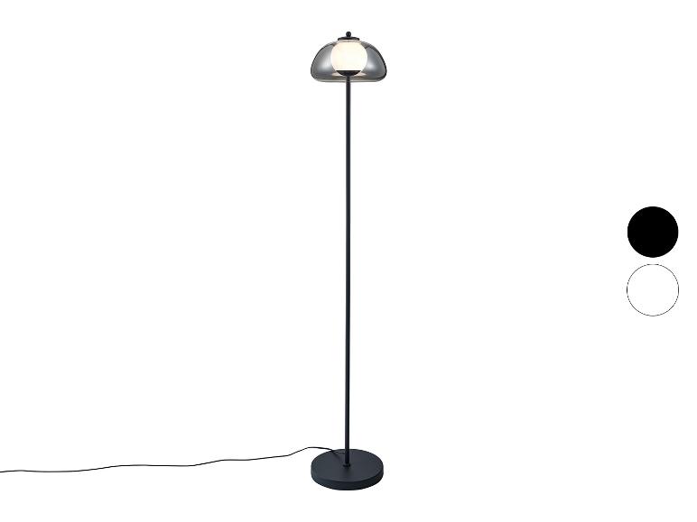 Zwarte vloerlamp met rookglazen kap, met zwarte en witte kleuropties.