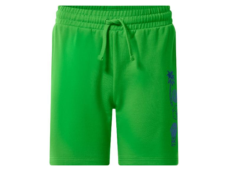 Groene shorts met elastische taille, trekkoord en blauwe palmboomafbeelding.