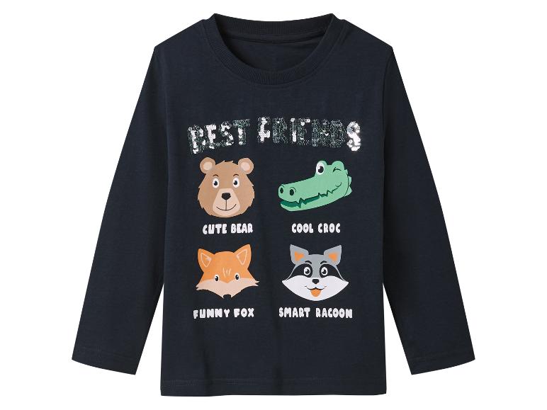 Donkerblauw kindershirt met lange mouwen, schattige dierenprints en "Best Friends" in pailletten.