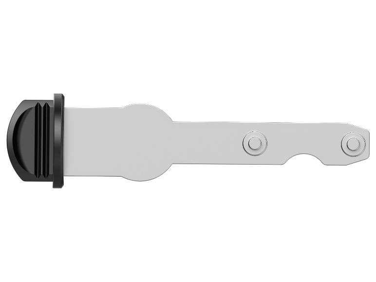 Metalen sleutel met een zwart plastic handvat op een witte achtergrond.