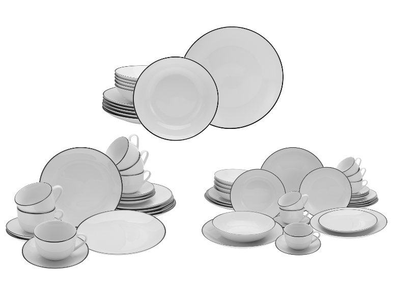 Wit serviesgoed met zwarte rand: borden, kommen en kopjes.