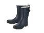 Een paar donkerblauwe regenlaarzen met witte voering en een gesp aan de zijkant.