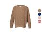 Bruine gebreide trui met vier kleuropties: bruin, blauw gestreept, roze en rood gestreept.