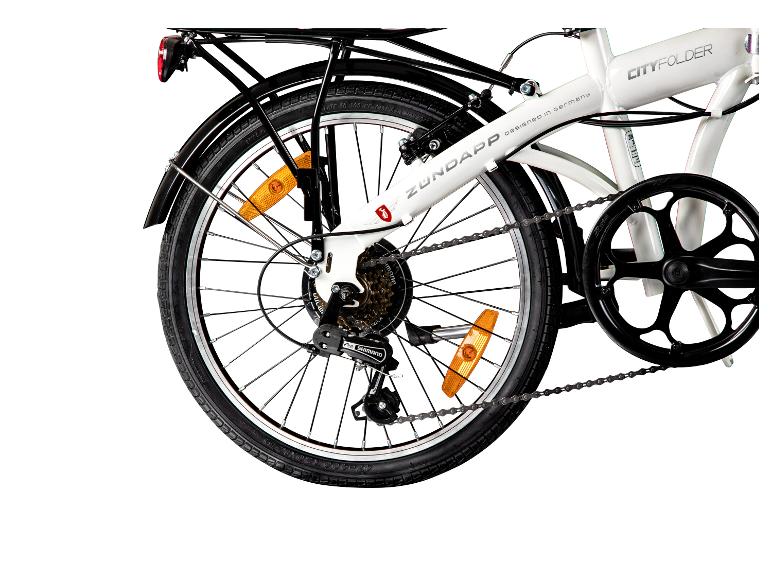 Witte vouwfiets met achterwiel, versnellingen, ketting en bagagedrager, met 'CITYFOLDER' tekst.