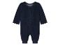 Donkerblauwe velours baby romper met knopen aan de voorkant.