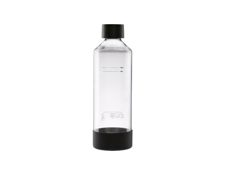 Transparante waterfles met zwarte dop en basis, met MAX- en MIN-niveauaanduidingen.