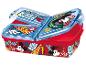 Rode lunchbox met transparant blauw deksel, versierd met stripfiguren en tekst.