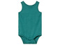 Een turquoise baby romper met korte mouwen.