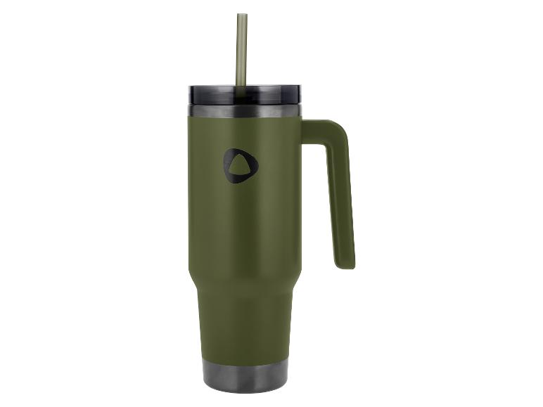 Groene thermosbeker met rietje en handvat, met metalen basis.