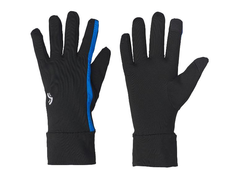 Een paar zwarte en blauwe touchscreen-compatibele handschoenen.