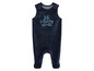 Een donkerblauwe baby romper met dierlijke print.