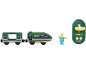 Groene speelgoedtrein met afstandsbediening, passagierswagon en figuur.