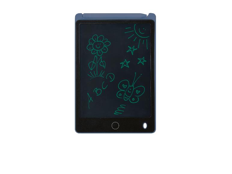 Blauw LCD-schrijftablet met kindertekeningen van zon, bloem, vlinder en letters.