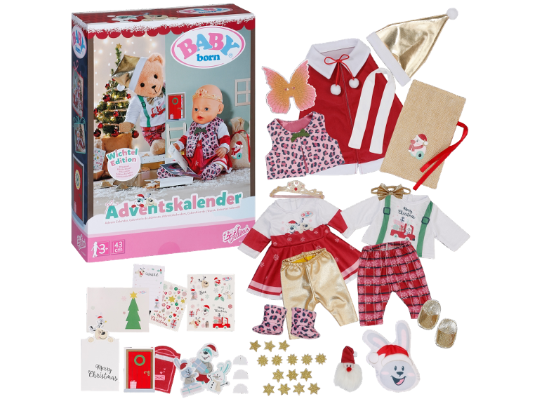 Kerst adventskalender met pop, kleedjes en feestelijke accessoires.