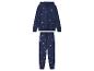Donkerblauw kerstthema hoodie en joggingbroek set met feestelijke patronen.