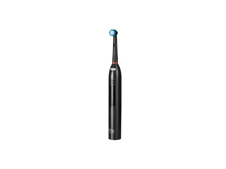 Zwarte elektrische tandenborstel met een ronde opzetborstel met blauwe en witte borstelharen.