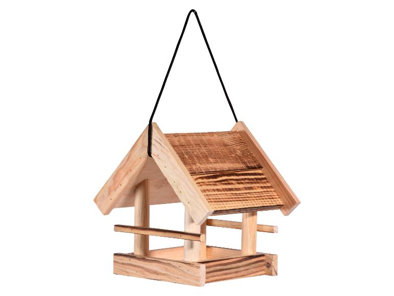 Houten vogelhuisje met zwart ophangkoord.
