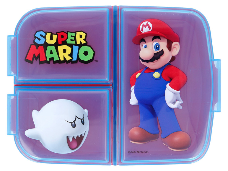 Een Super Mario lunchbox met afbeeldingen van Mario en Boo.