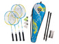 Badmintonset met drie rackets, shuttlecocks en net.