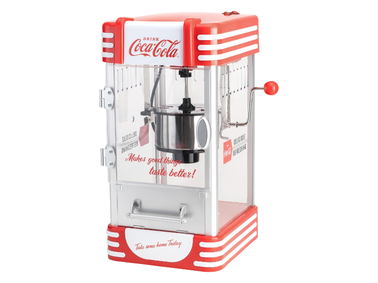 Popcornmachine in retrostijl met rode en witte accenten, met klassieke drankbranding.