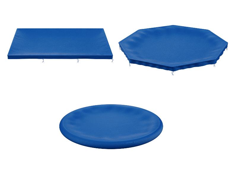 Blauwe rechthoekige, achthoekige en ronde kussens.