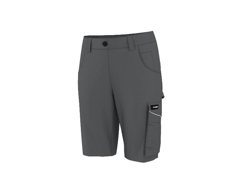 Grijze werkshorts met zijzakken en reflecterende details.
