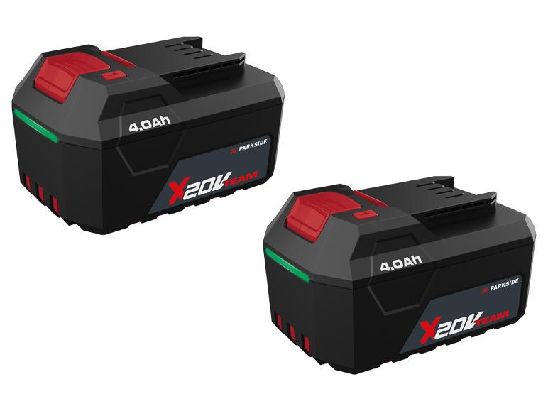 Twee PARKSIDE® 20V 4Ah accu's, zwart met rode en groene accenten.